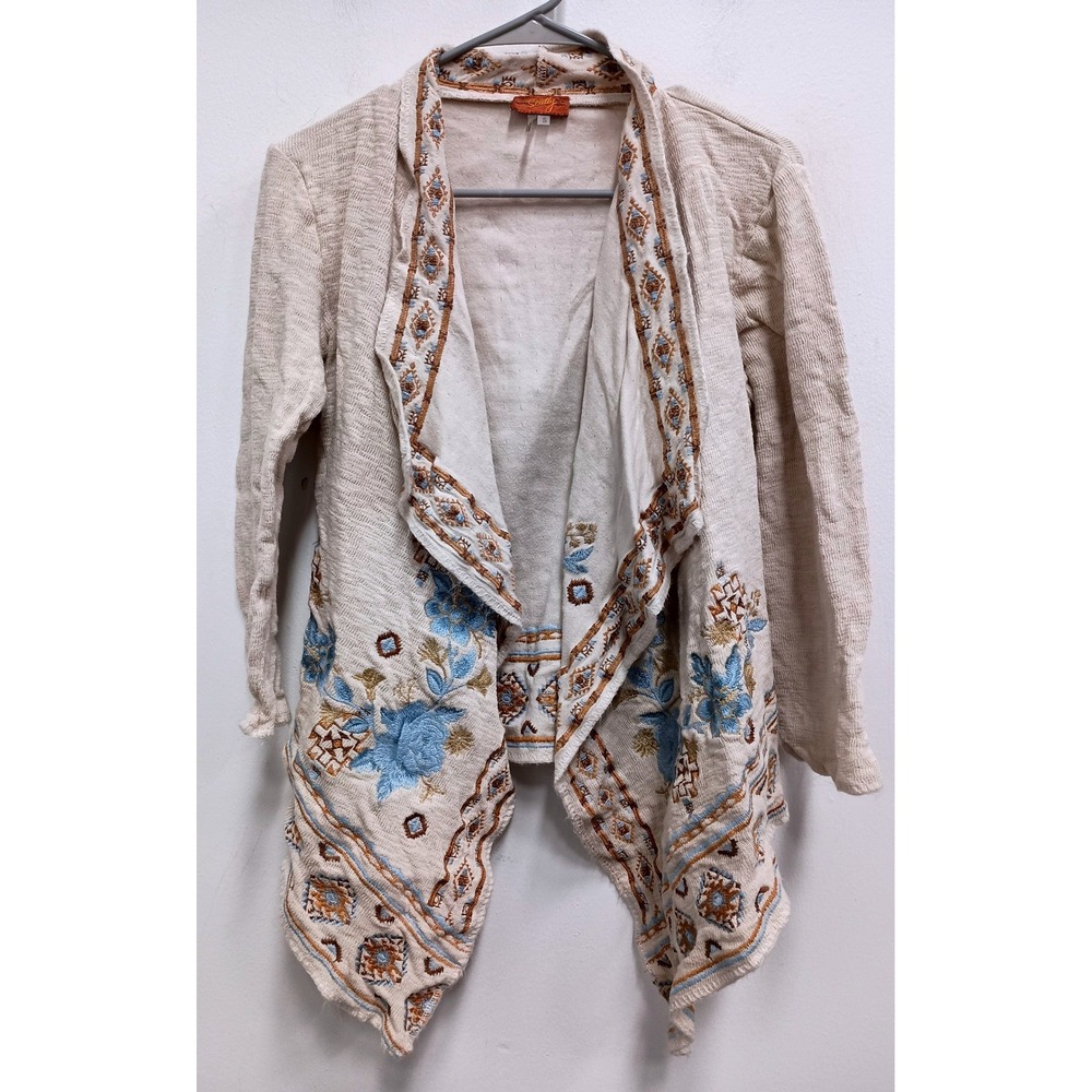 Scully Cardigan Sweater Womens Small Beige Embroidered Floral Western Boho Open